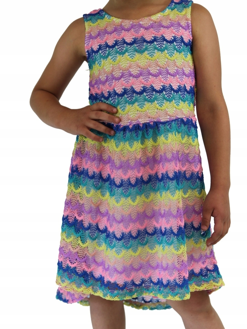 Girls Multicolor Crochet Lace Sleeveless Dress